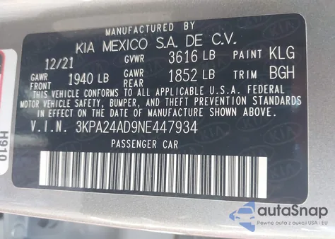 2022 Kia Rio S z USA, uszkodzony, nr VIN 3KPA24AD9NE447934